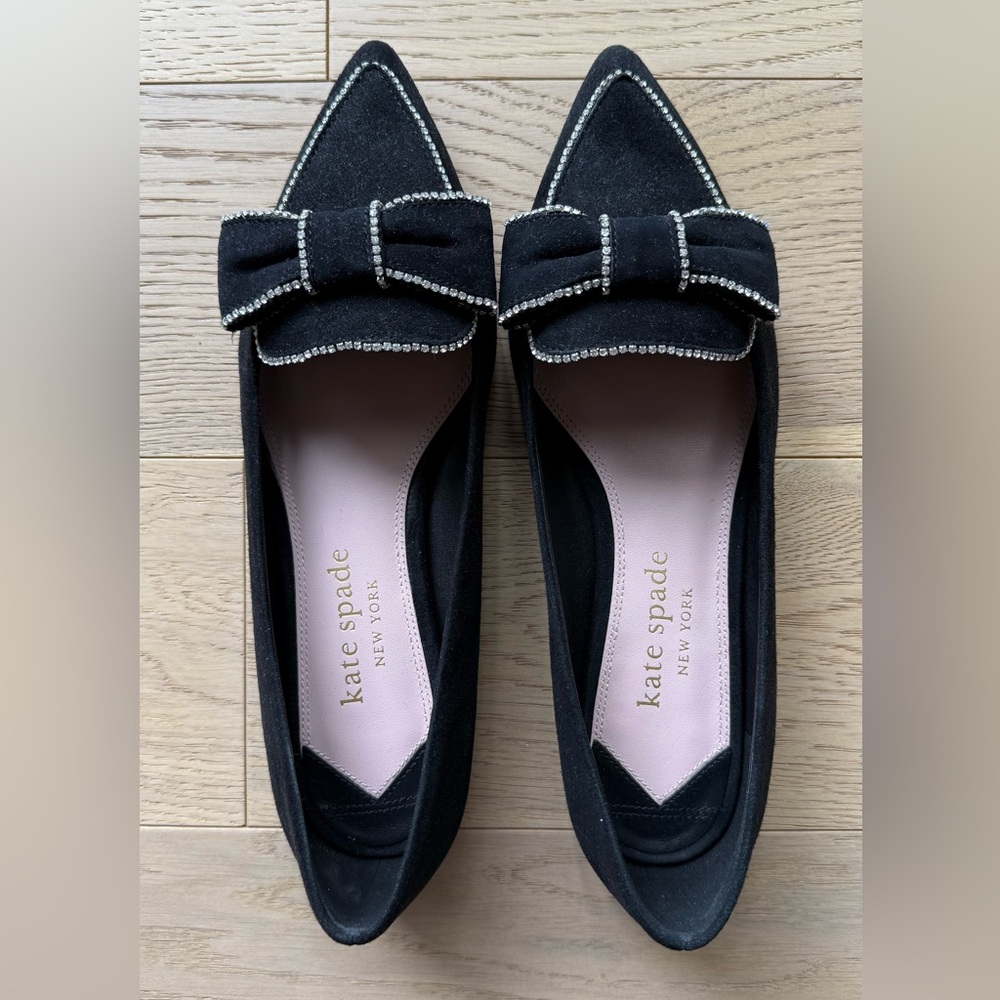 Kate Spade Black Suede Flats with Rhinestone Bow Size 7B